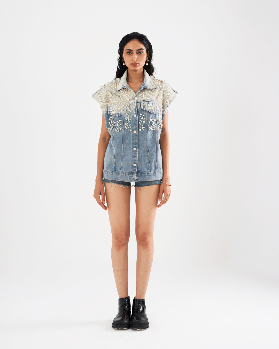 Elara - Pearl Applique Embroidered Denim Vest