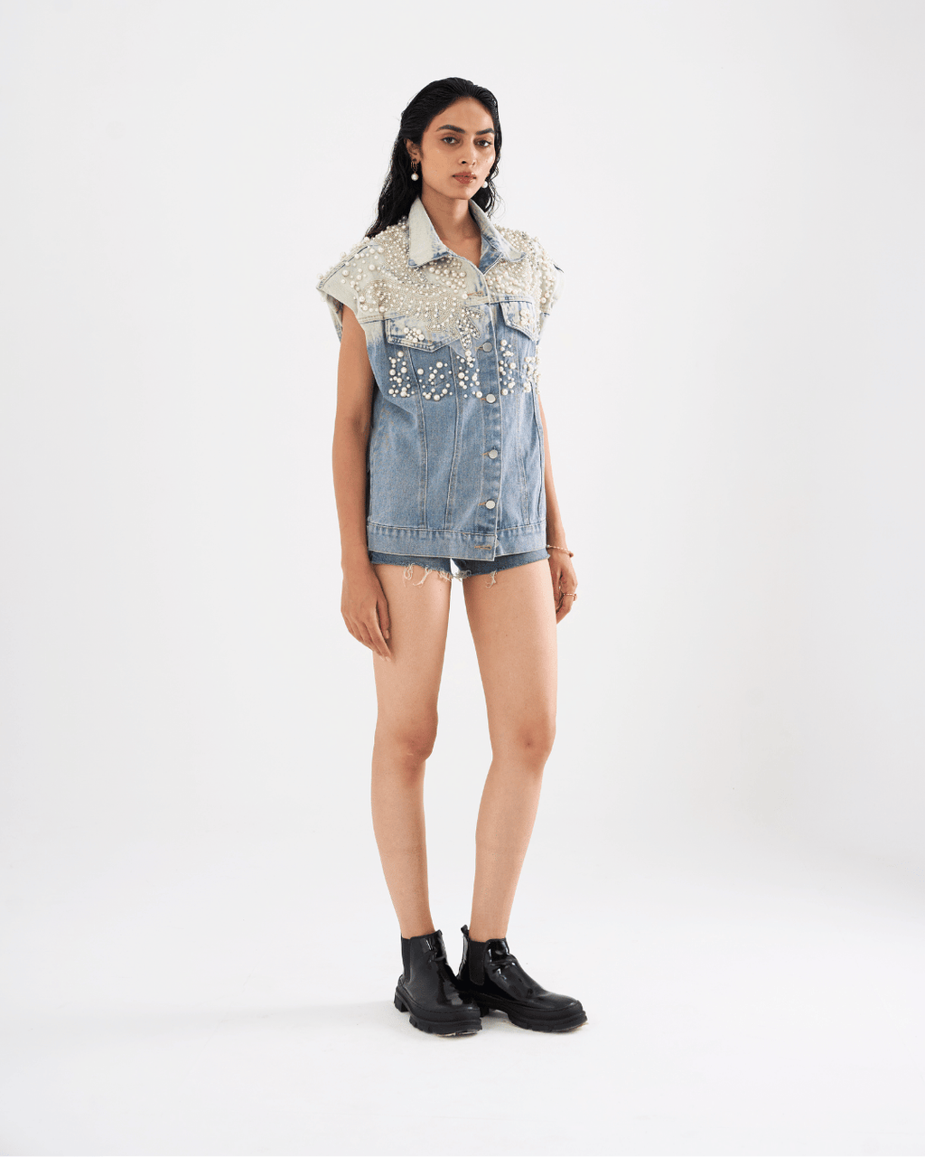 Elara - Pearl Applique Embroidered Denim Vest