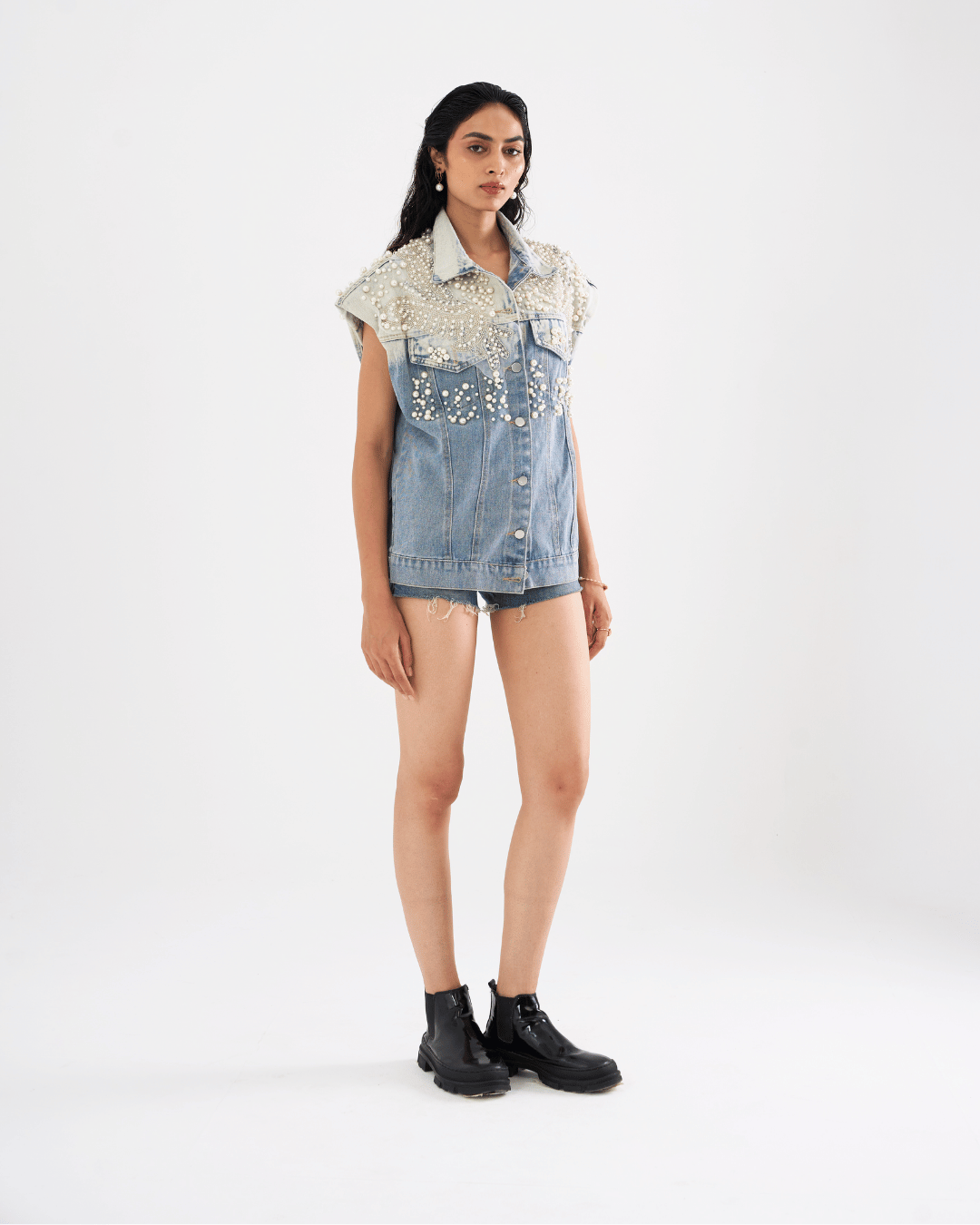 Elara - Pearl Applique Embroidered Denim Vest