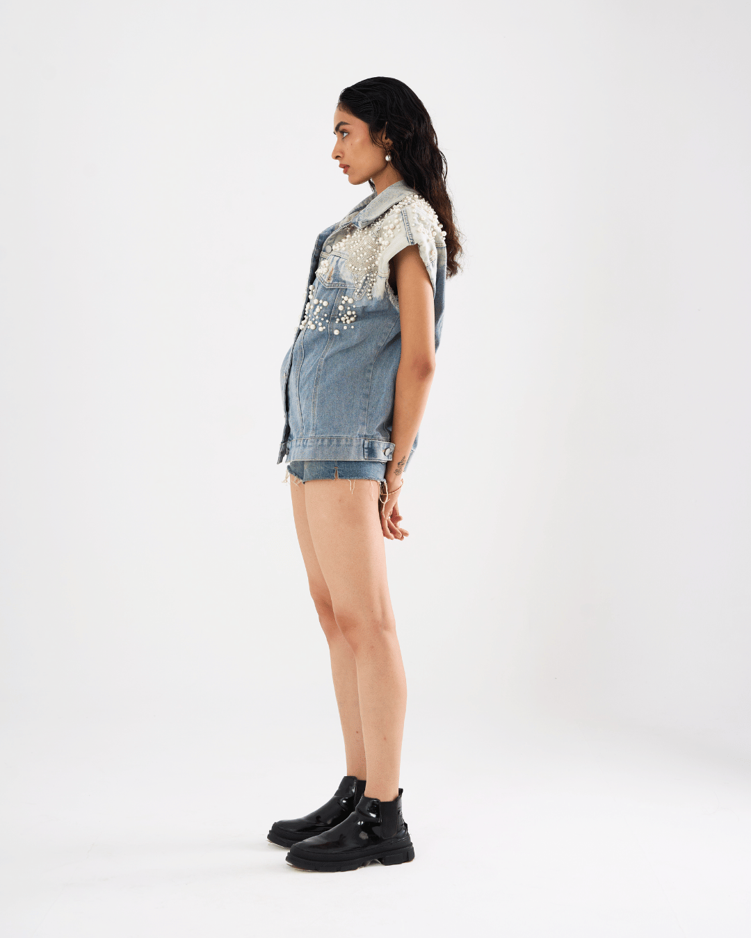Elara - Pearl Applique Embroidered Denim Vest