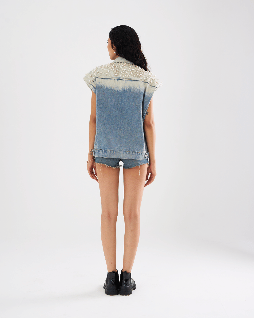 Elara - Pearl Applique Embroidered Denim Vest