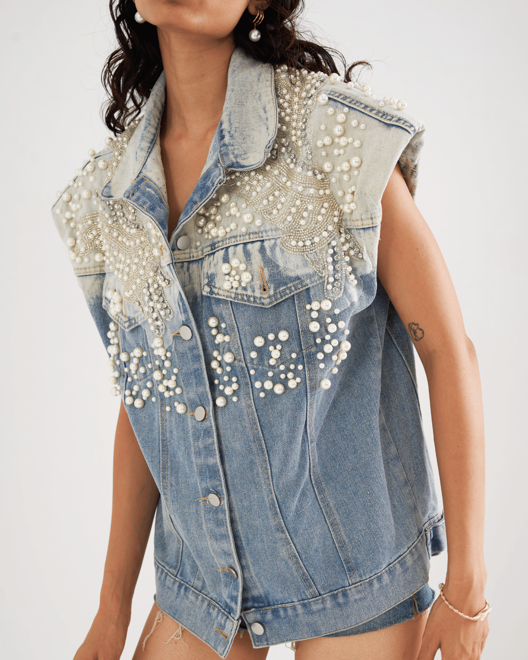 Elara - Pearl Applique Embroidered Denim Vest