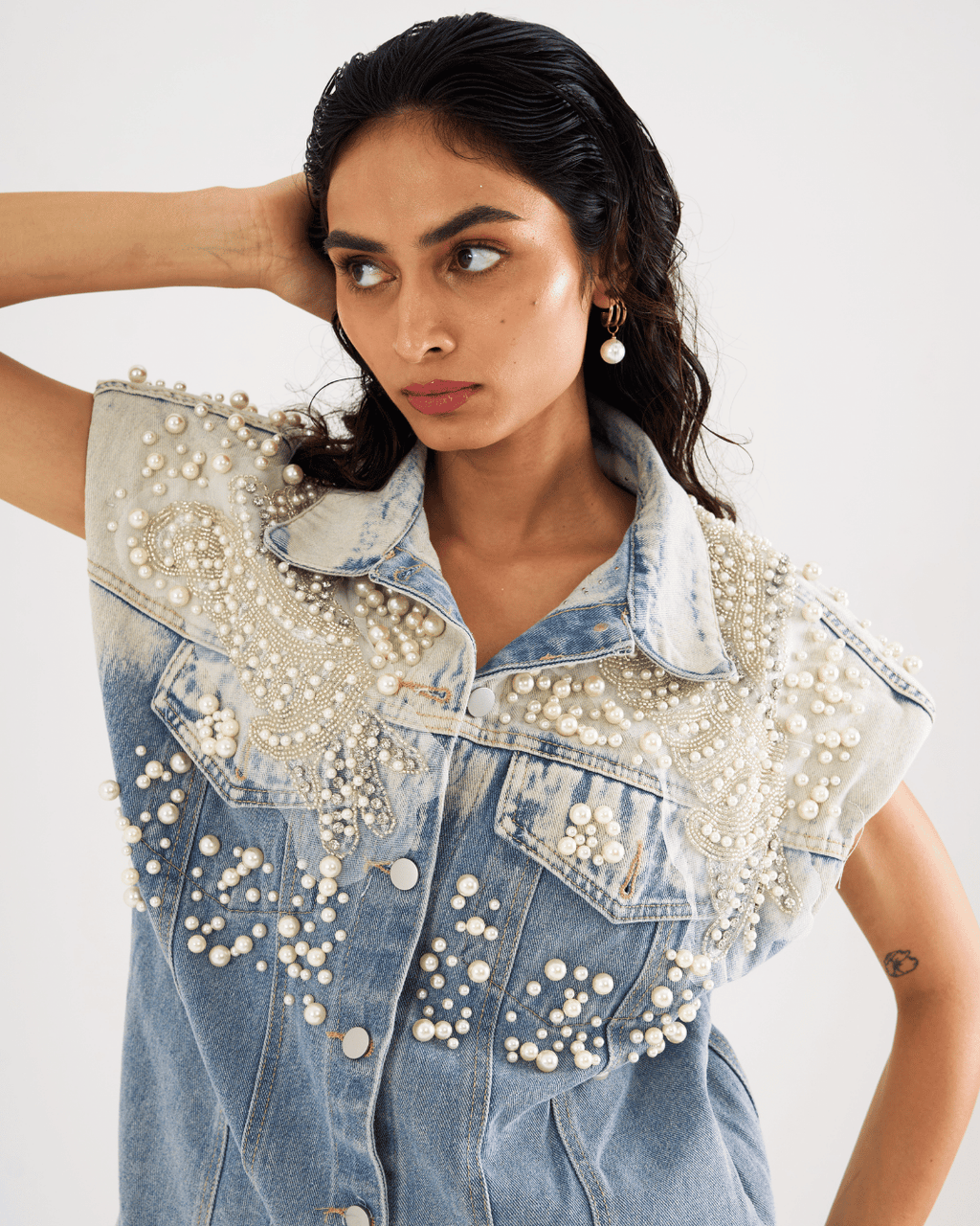 Elara - Pearl Applique Embroidered Denim Vest