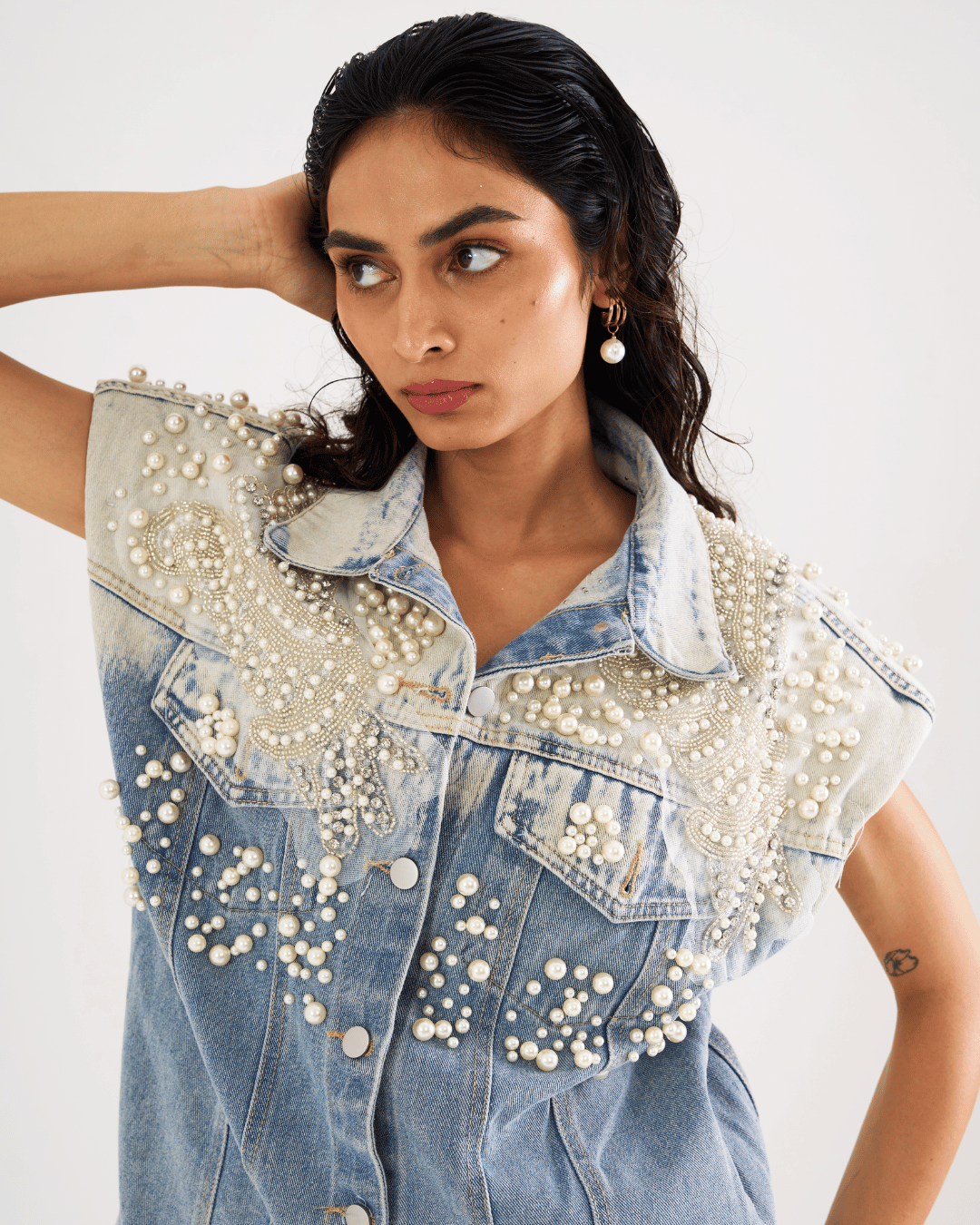Elara - Pearl Applique Embroidered Denim Vest