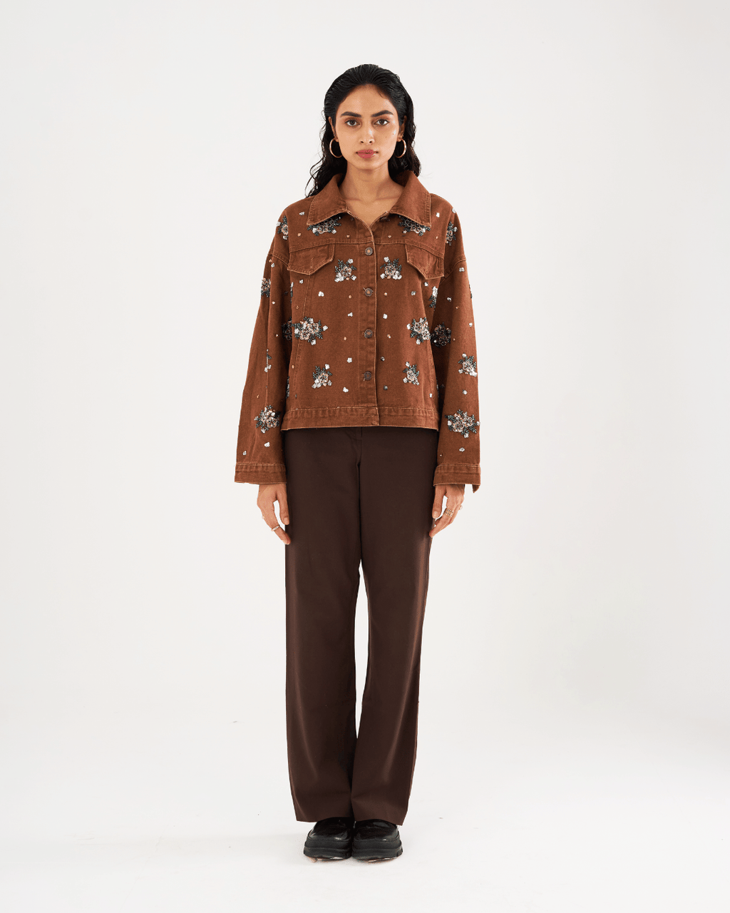 Zara - Floral Beading Sequin Denim Jacket