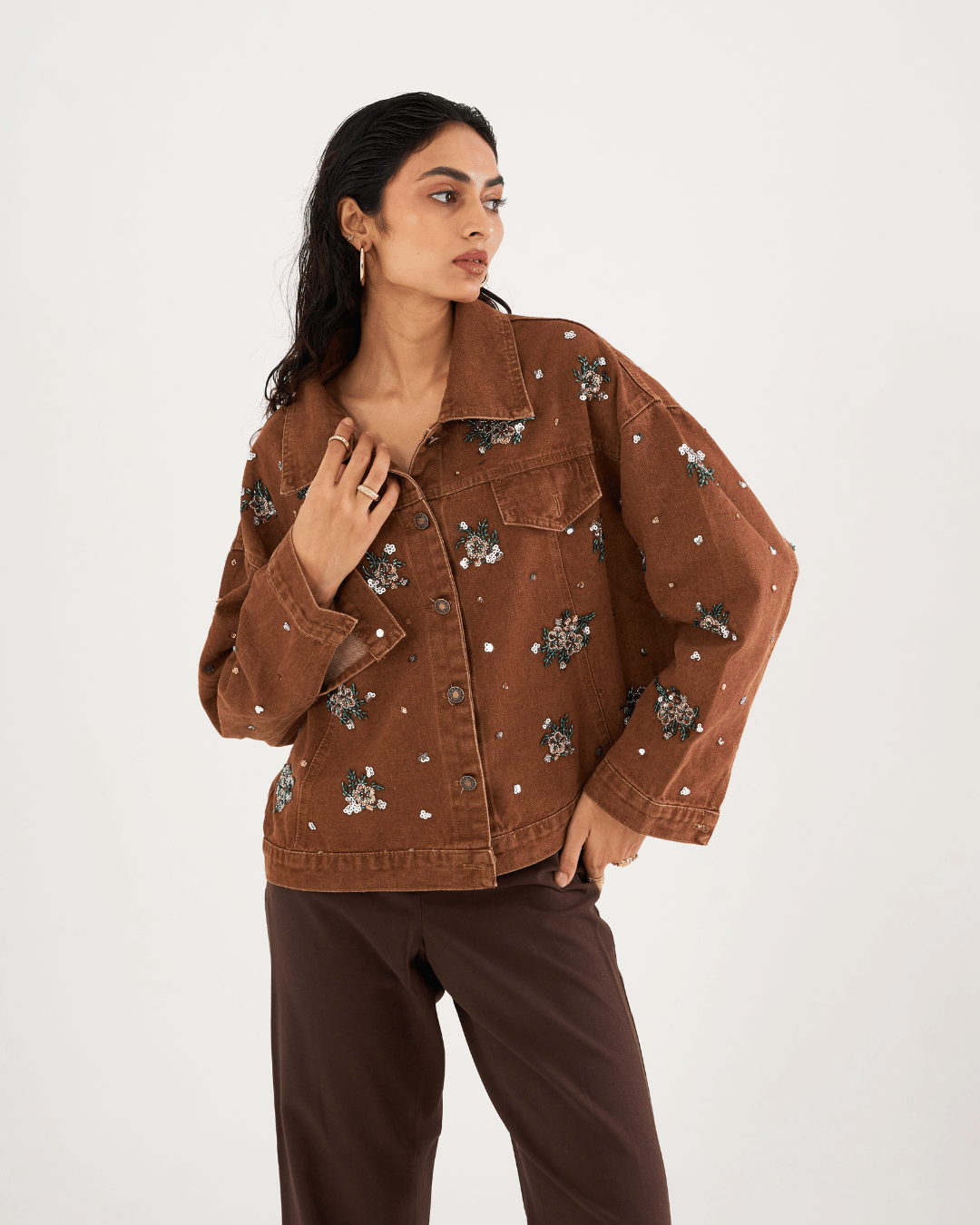 Zara - Floral Beading Sequin Denim Jacket