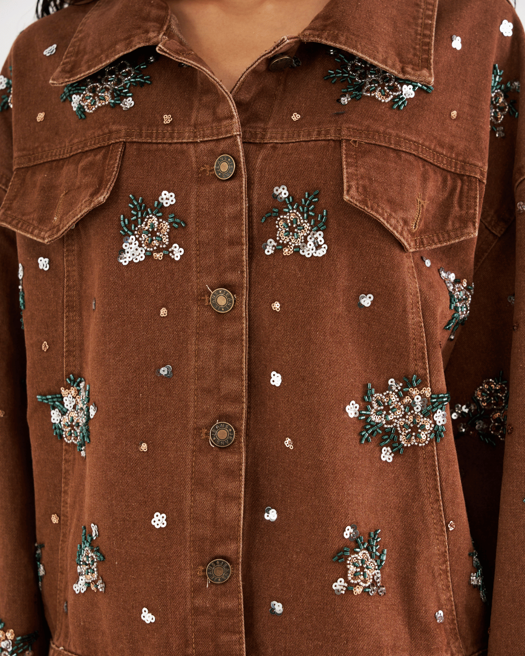 Zara - Floral Beading Sequin Denim Jacket