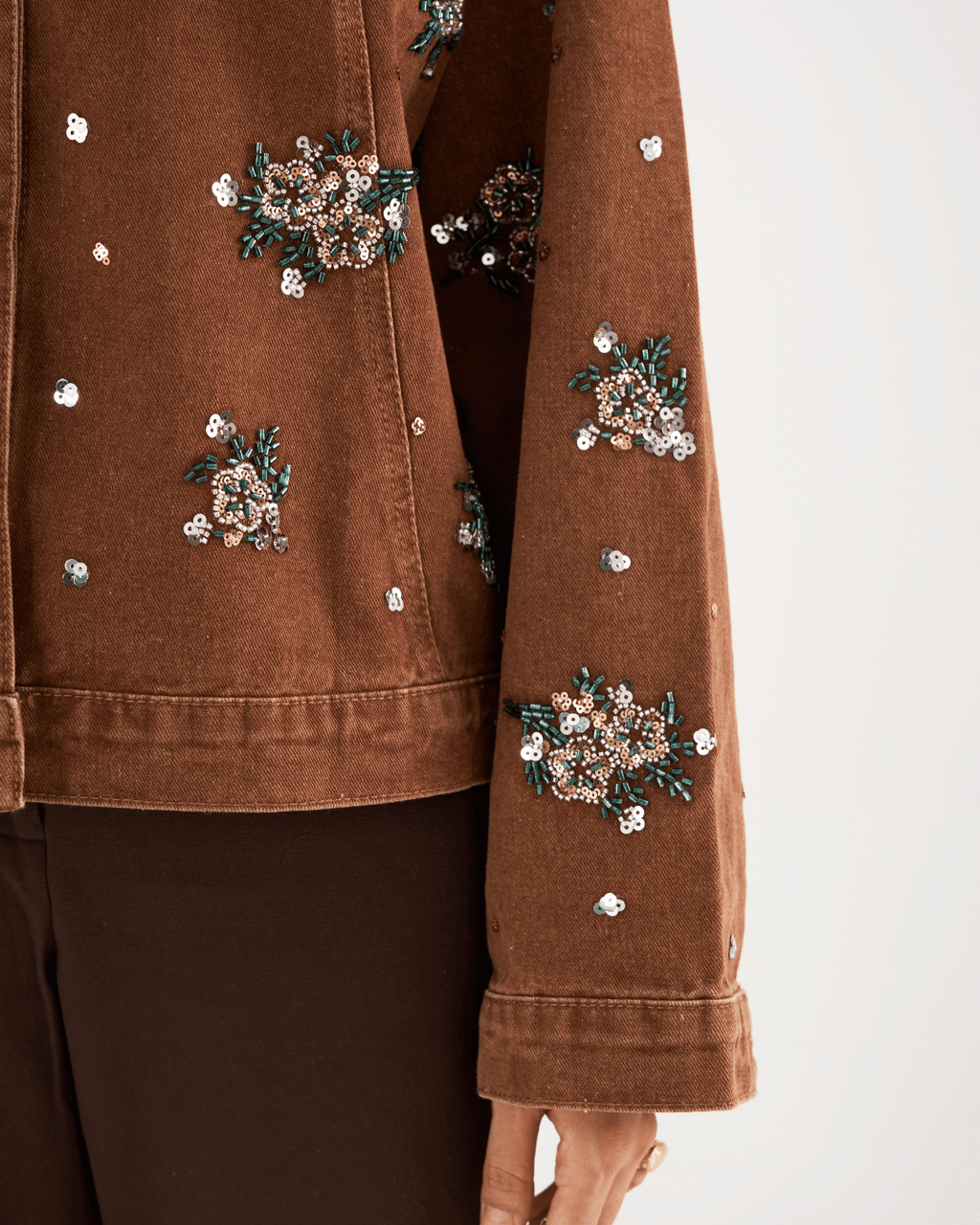 Zara - Floral Beading Sequin Denim Jacket
