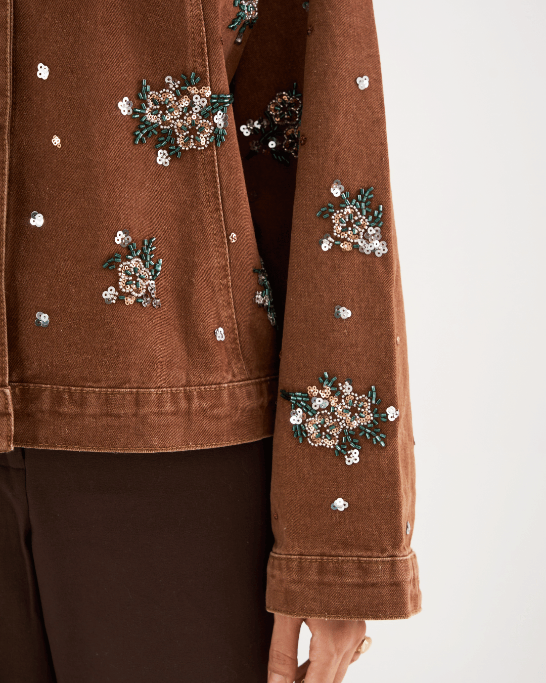 Zara - Floral Beading Sequin Denim Jacket