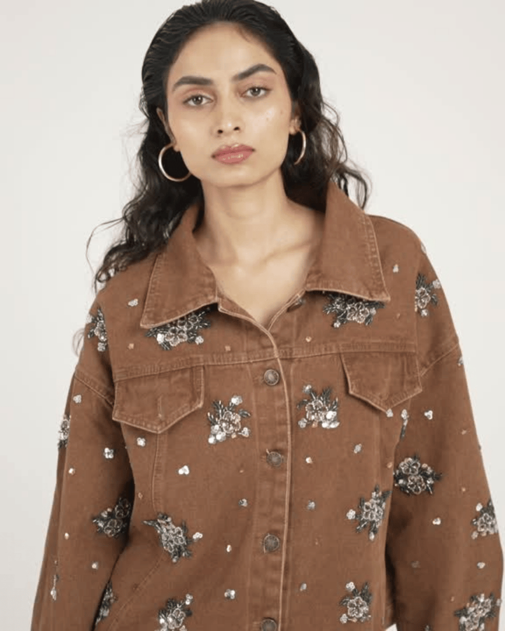 Zara - Floral Beading Sequin Denim Jacket