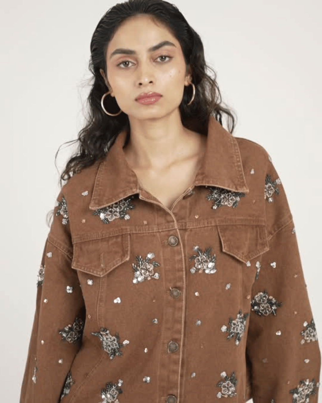 Zara - Floral Beading Sequin Denim Jacket