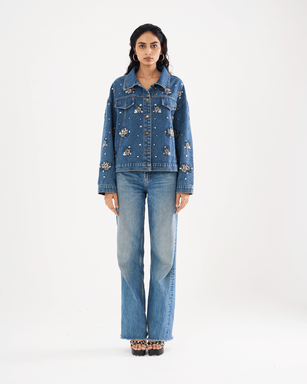 Zara - Floral Beading Sequin Denim Jacket