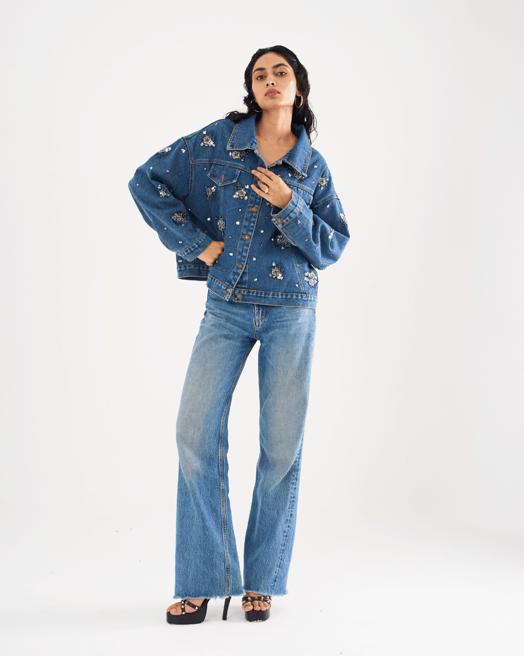 Zara - Floral Beading Sequin Denim Jacket