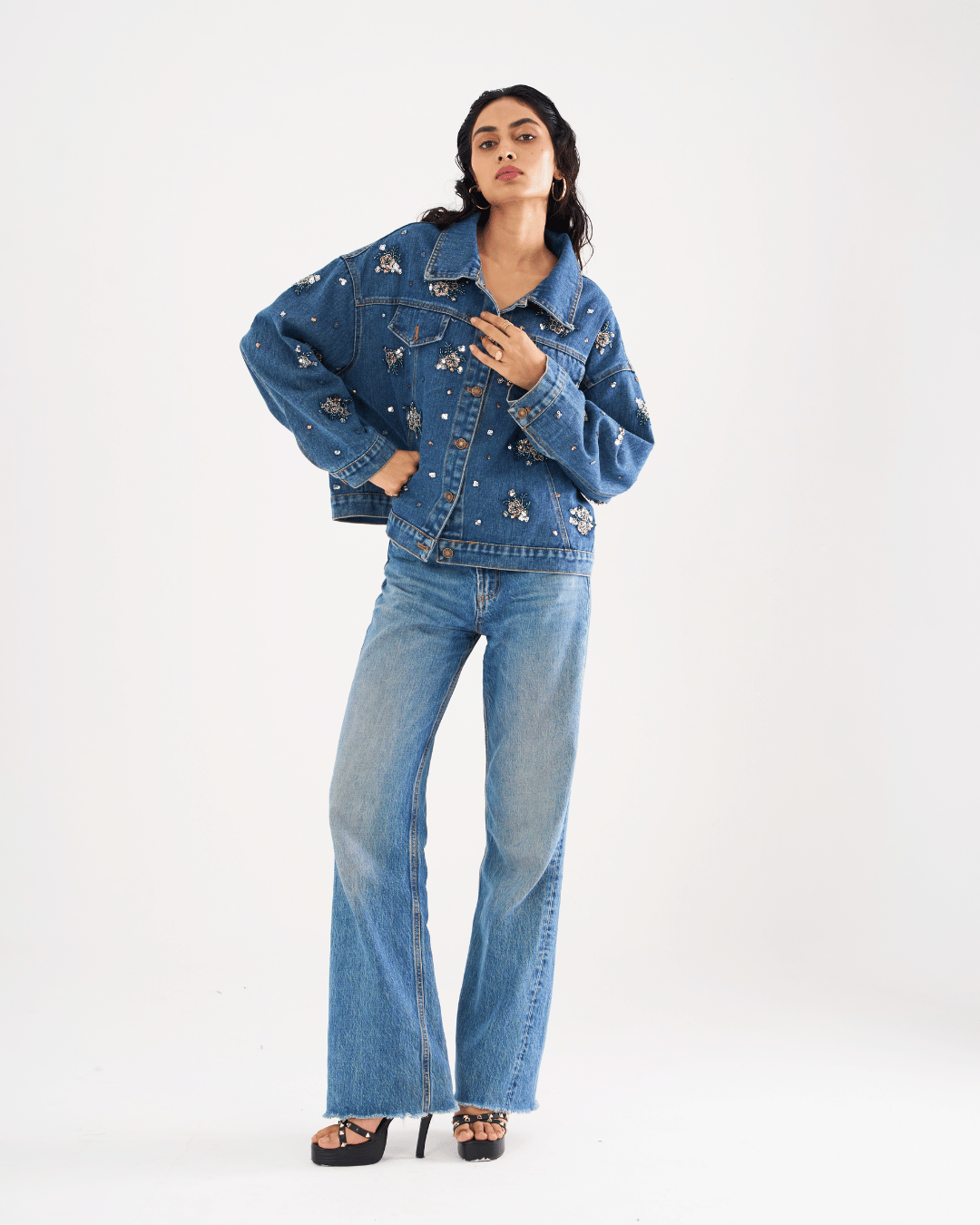 Zara - Floral Beading Sequin Denim Jacket