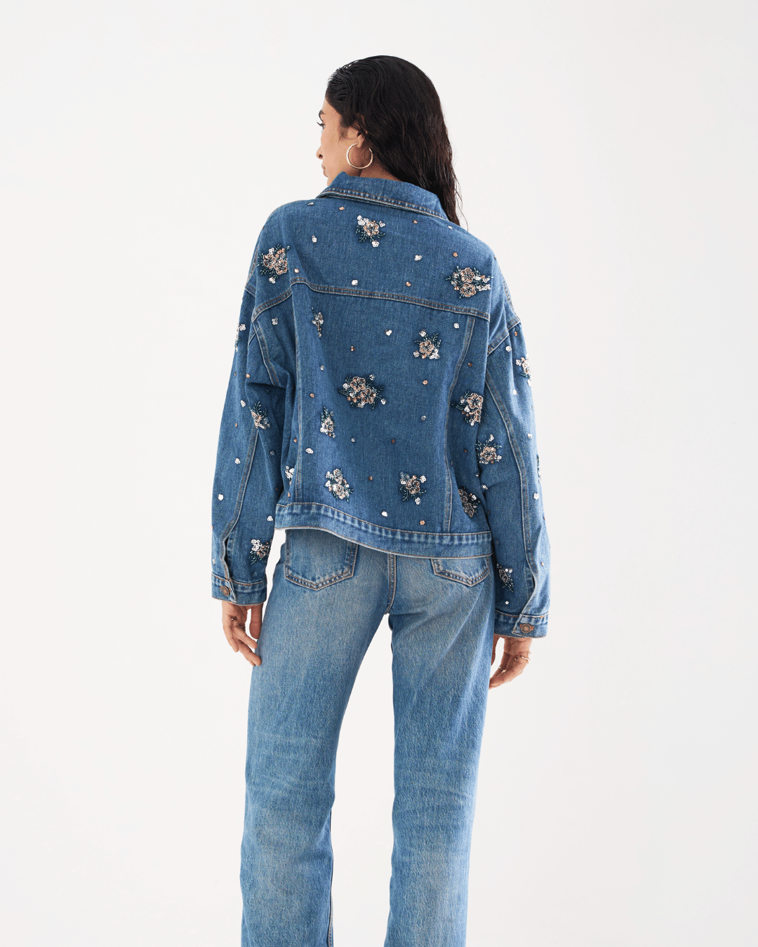 Zara - Floral Beading Sequin Denim Jacket