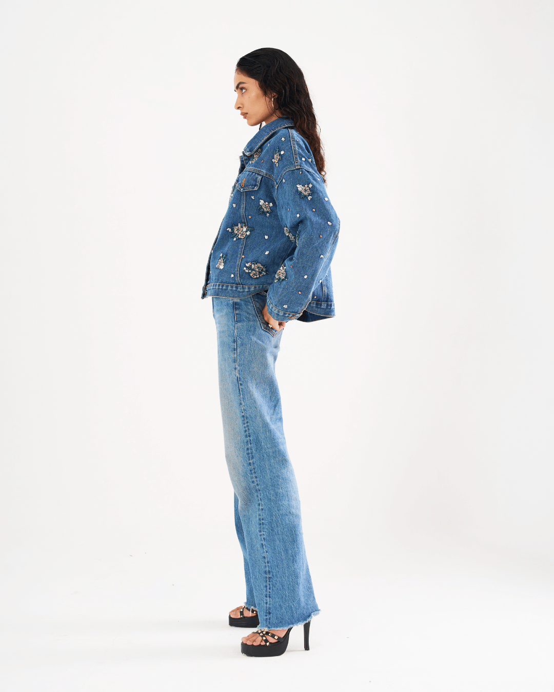 Zara - Floral Beading Sequin Denim Jacket