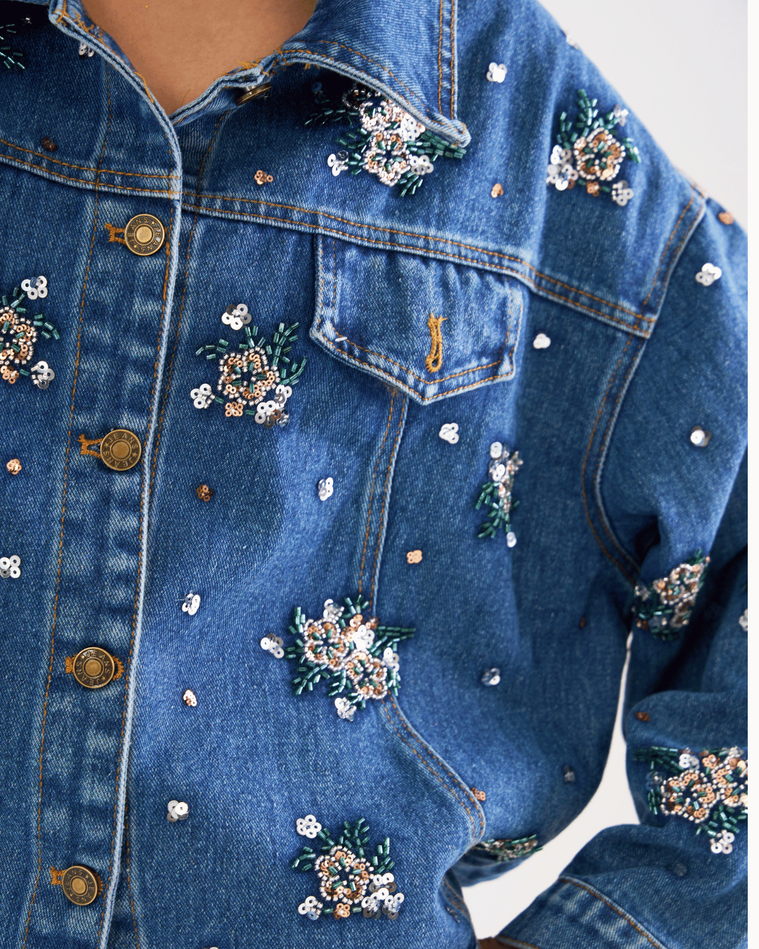 Zara - Floral Beading Sequin Denim Jacket