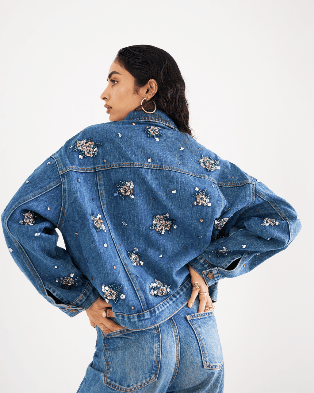 Zara - Floral Beading Sequin Denim Jacket