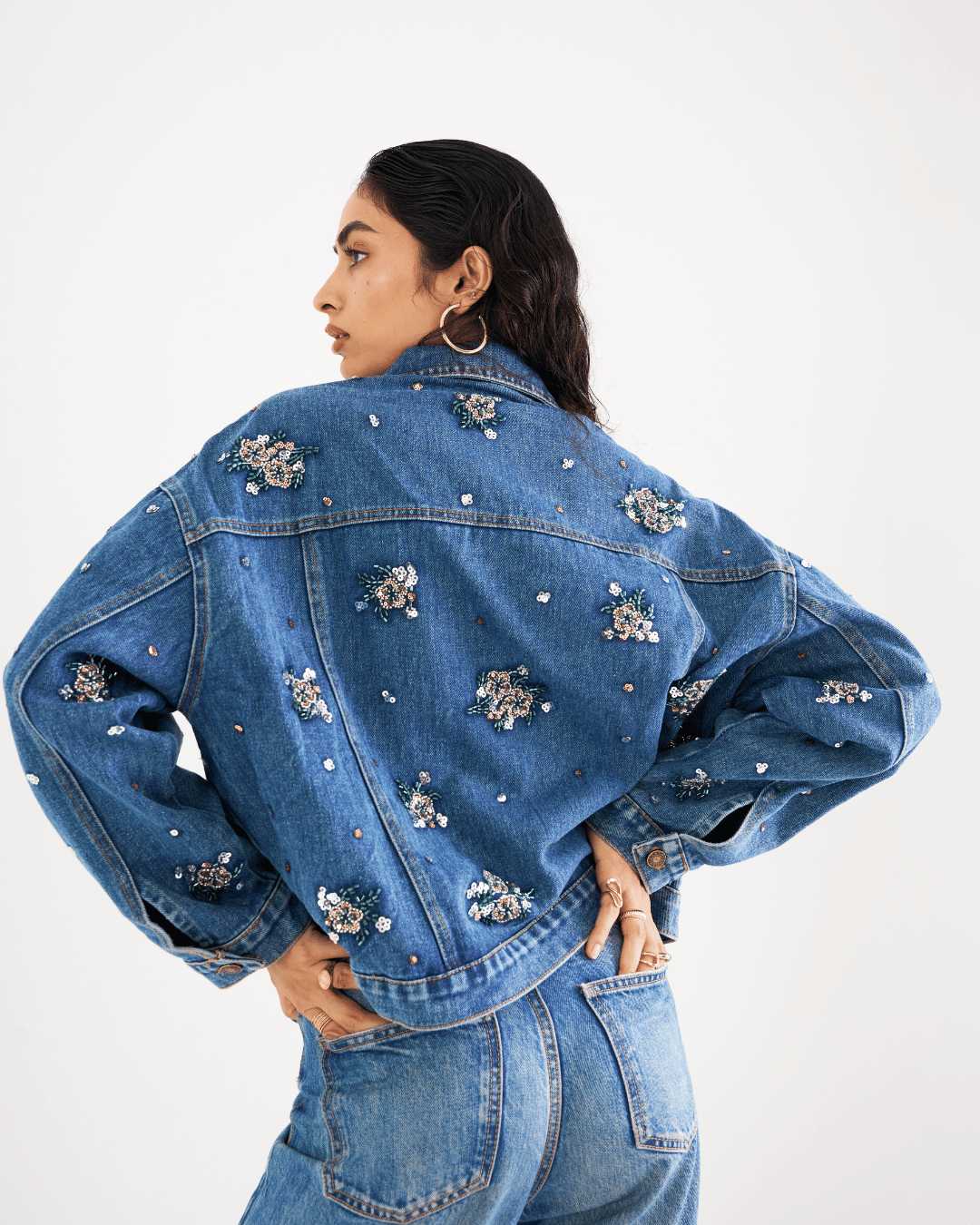 Zara - Floral Beading Sequin Denim Jacket
