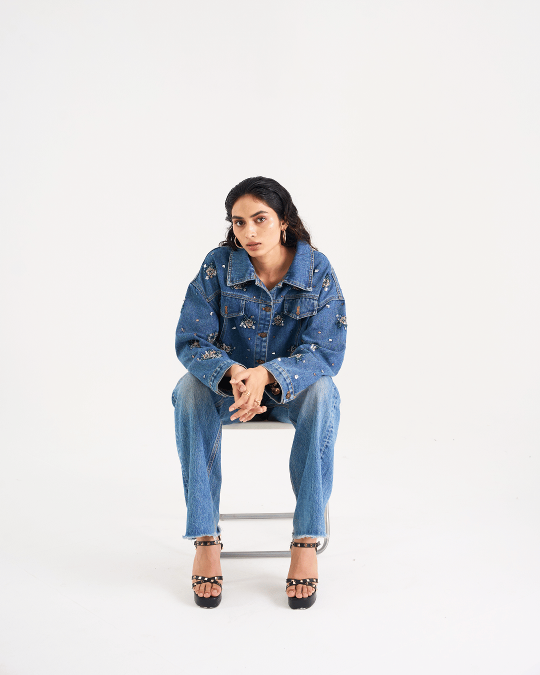 Zara - Floral Beading Sequin Denim Jacket