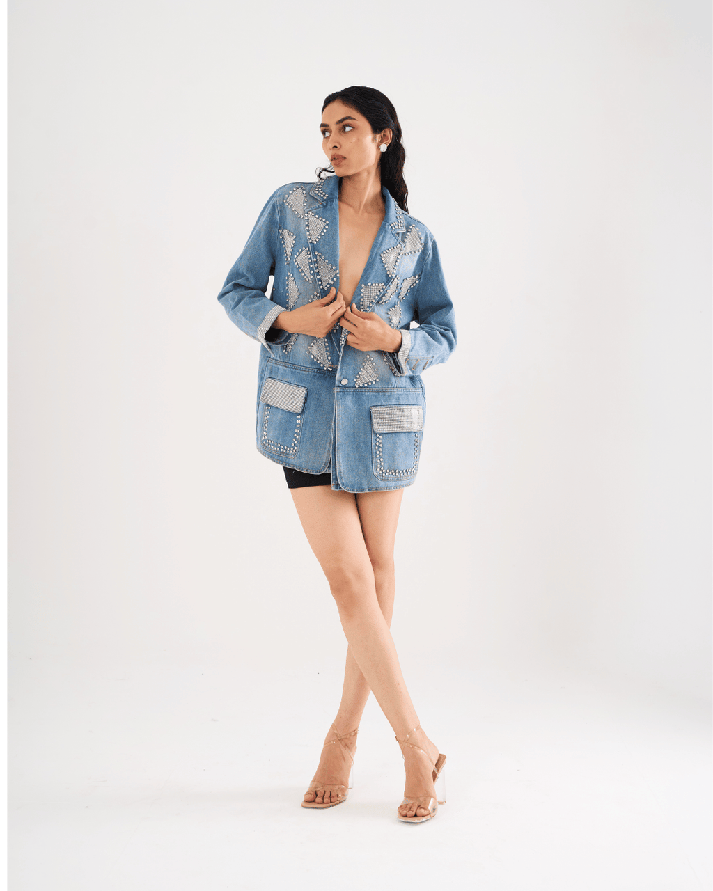 Hayley - Diamante Studded Denim Blazer