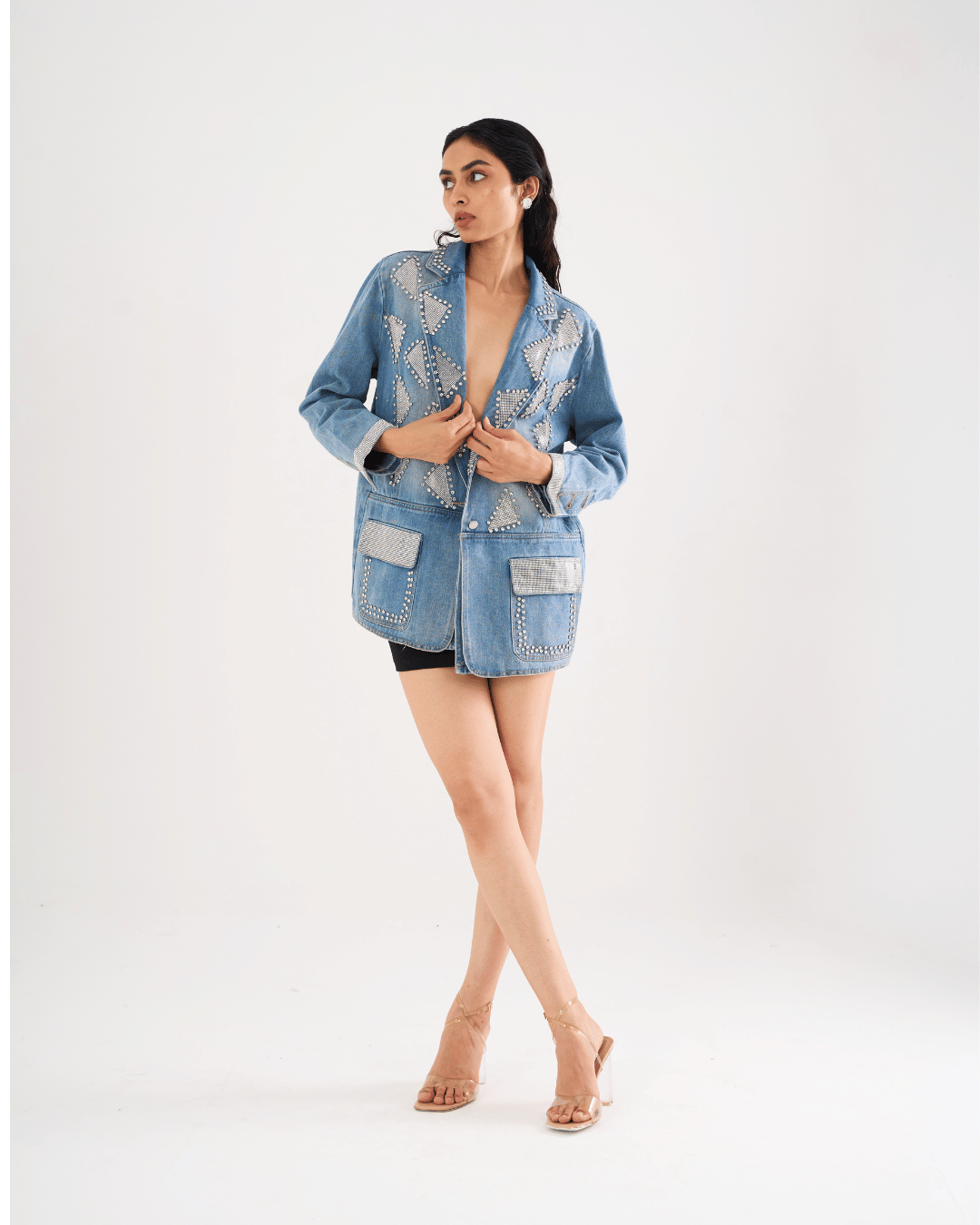 Hayley - Diamante Studded Denim Blazer