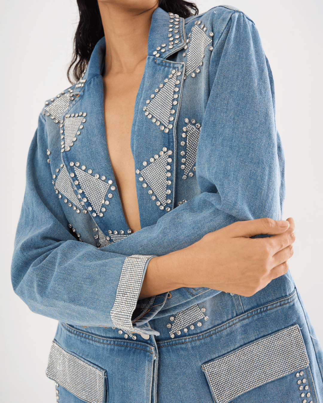 Hayley - Diamante Studded Denim Blazer