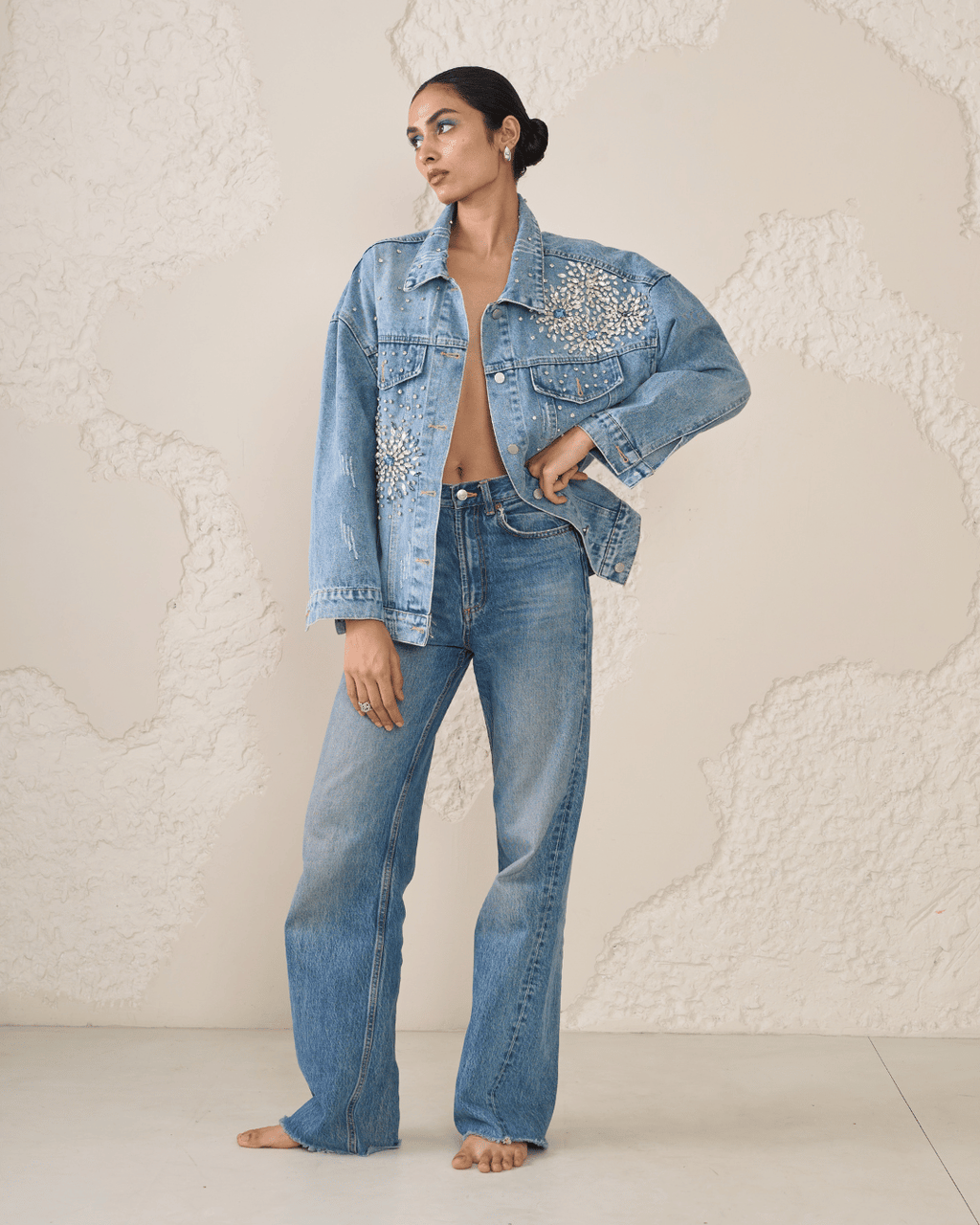 Zinnia - Rhinestone Embellished Oversized Denim Jacket