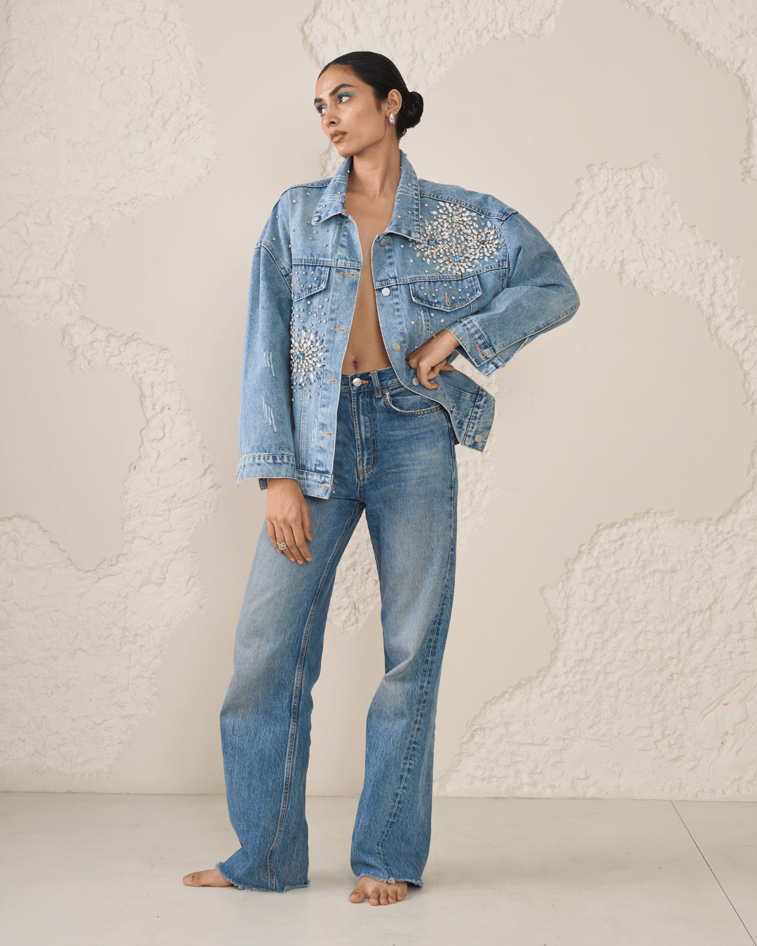 Zinnia - Rhinestone Embellished Oversized Denim Jacket