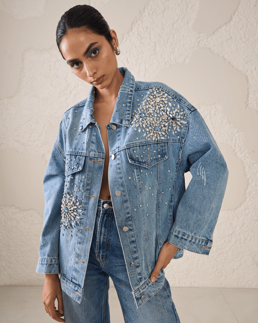 Zinnia - Rhinestone Embellished Oversized Denim Jacket