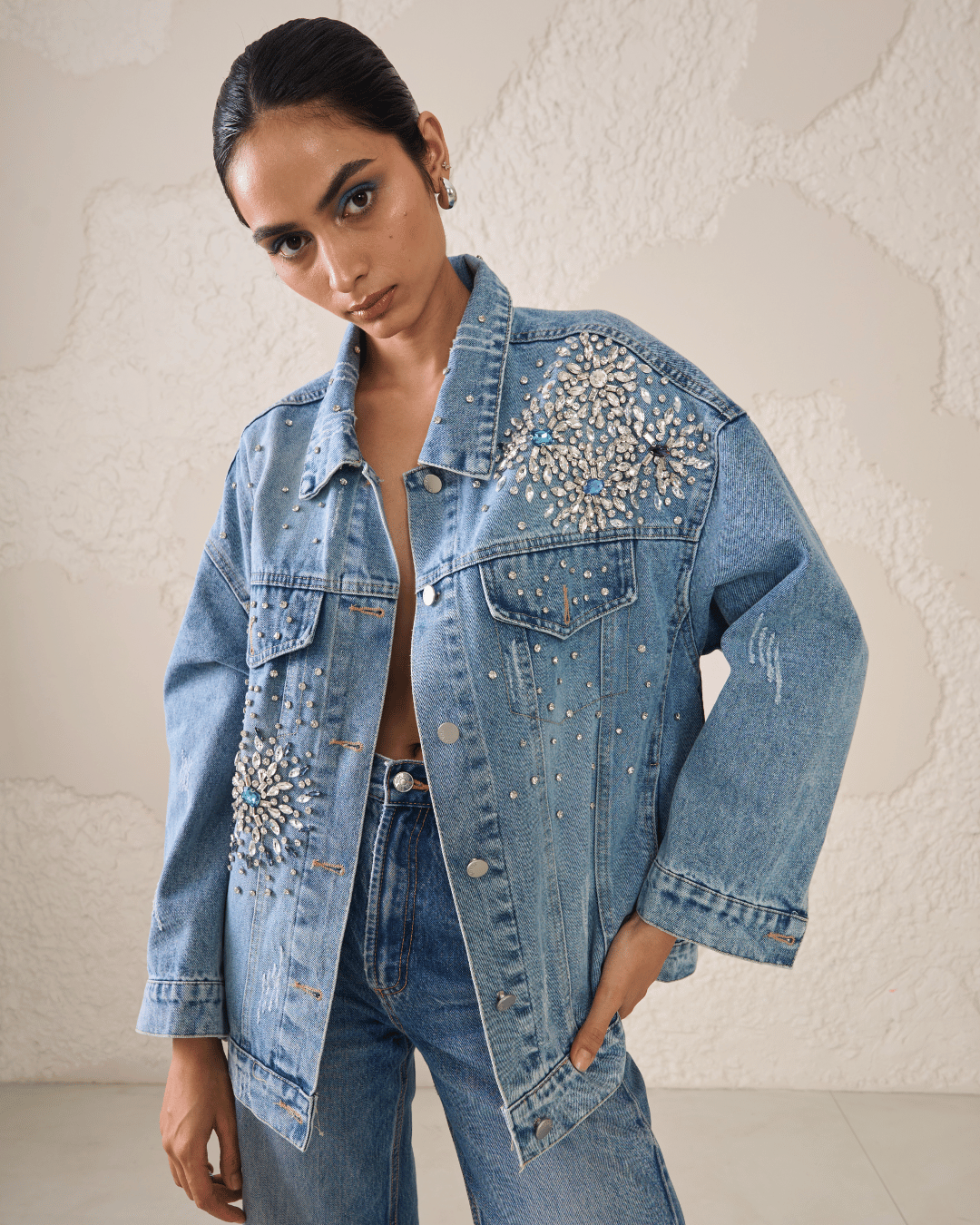Zinnia - Rhinestone Embellished Oversized Denim Jacket