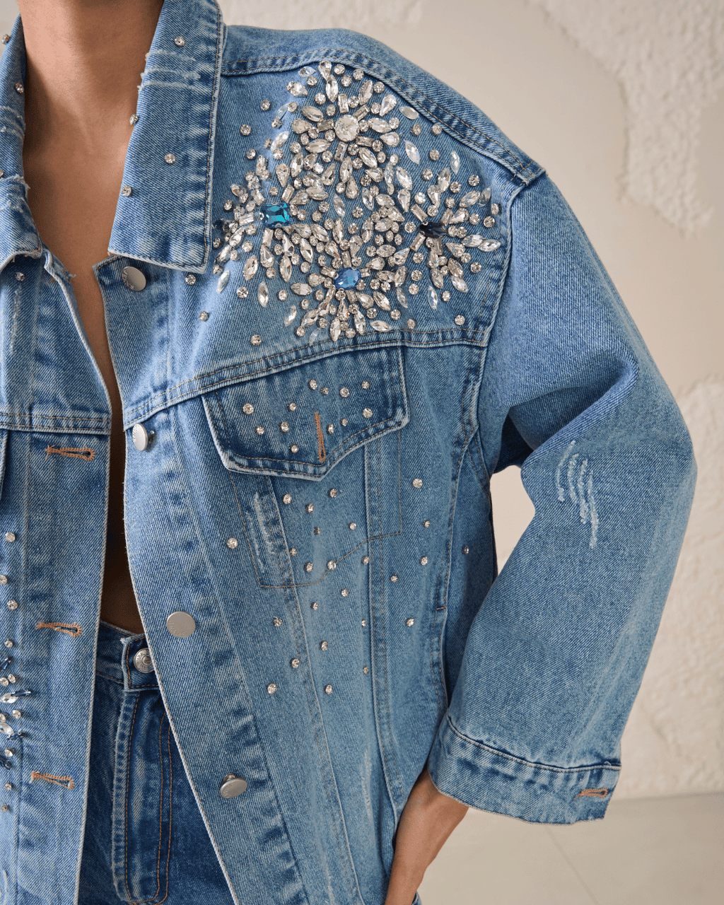 Zinnia - Rhinestone Embellished Oversized Denim Jacket