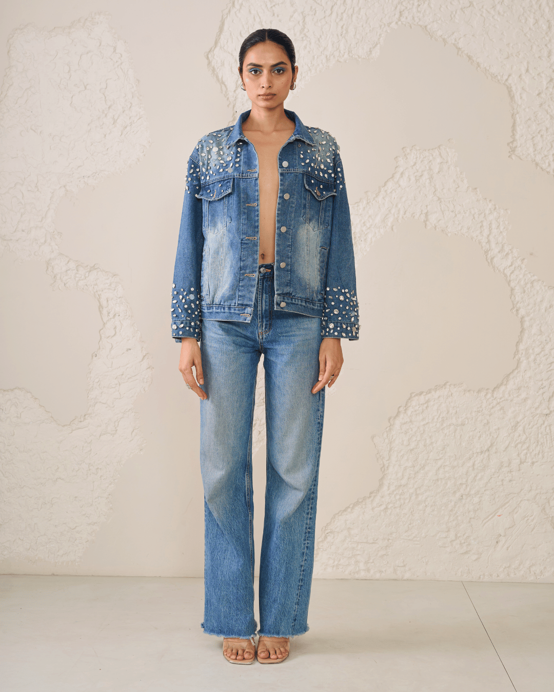 Liora - Crystal Embellished Denim Trucker Jacket
