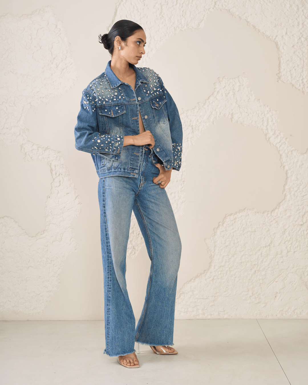 Liora - Crystal Embellished Denim Trucker Jacket