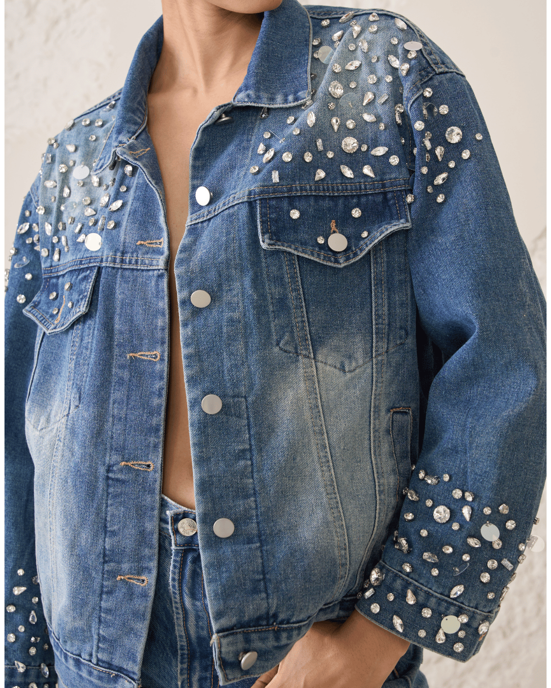 Liora - Crystal Embellished Denim Trucker Jacket