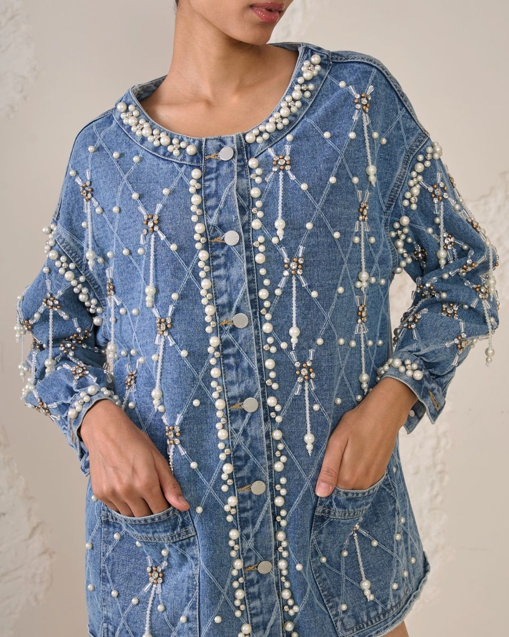 Eira - Metallic Tassel Pearl Denim Jacket