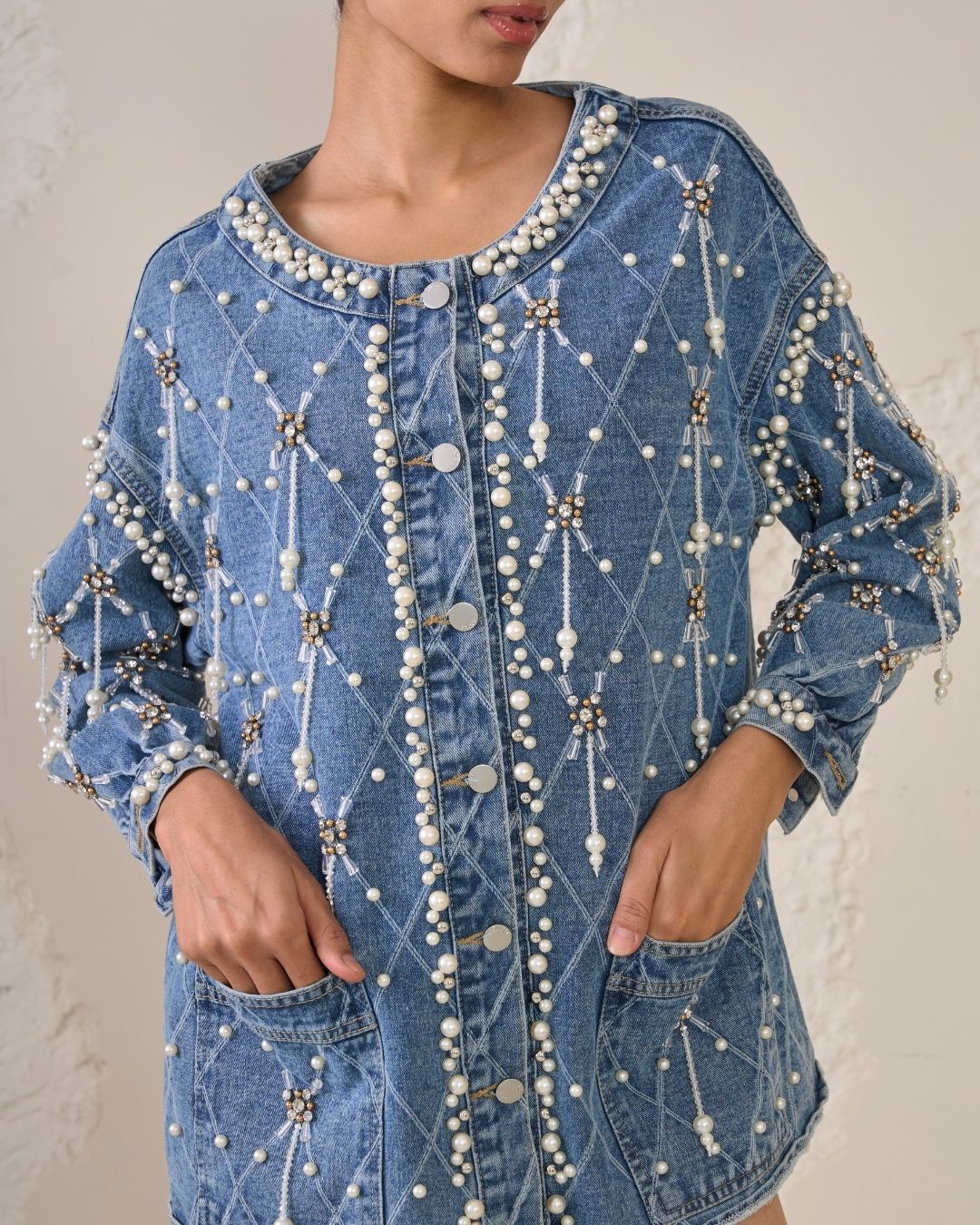 Eira - Metallic Tassel Pearl Denim Jacket