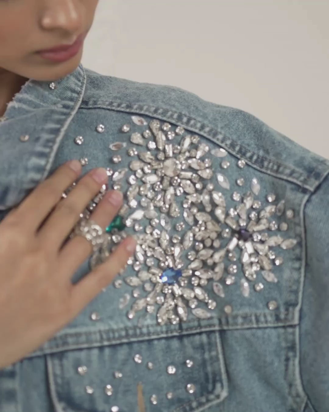 Zinnia - Rhinestone Embellished Oversized Denim Jacket – House of